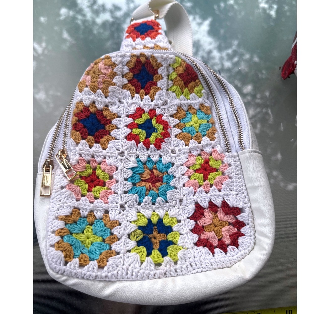 Crochet Granny Square Sling Backpack Women Small White Multi Excellent